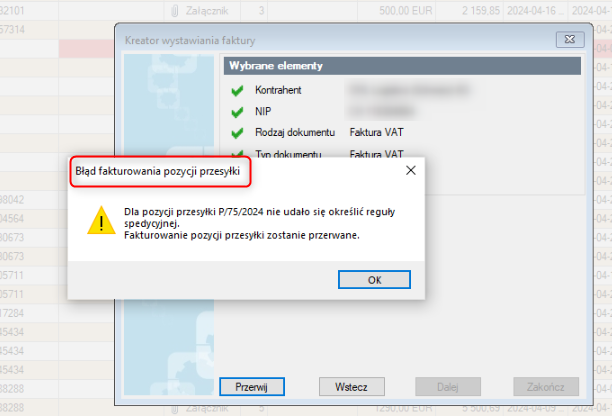 Błąd fakturowania transportu