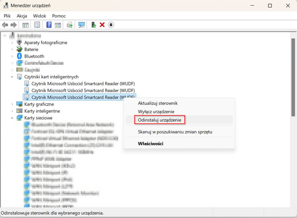 odinstaluj urządzenie